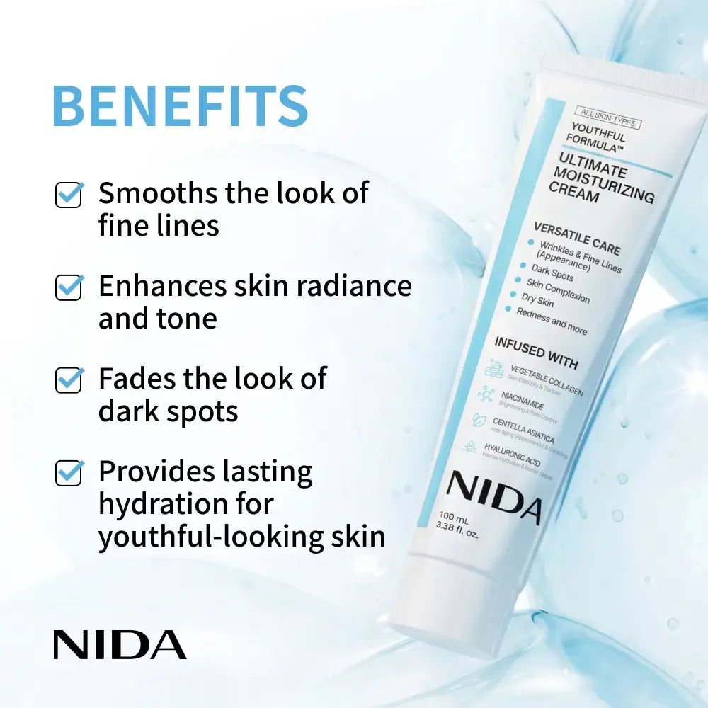 NIDA Youthful Formula Ultimate Moisturizing Cream (100mL) / Collagen, Niacinamide, Centella Asiatica, Hyaluronic Acid / Wrinkles, Dark Spots, Skincare Hydrating Daily Moisturizer Moisture Hydrate