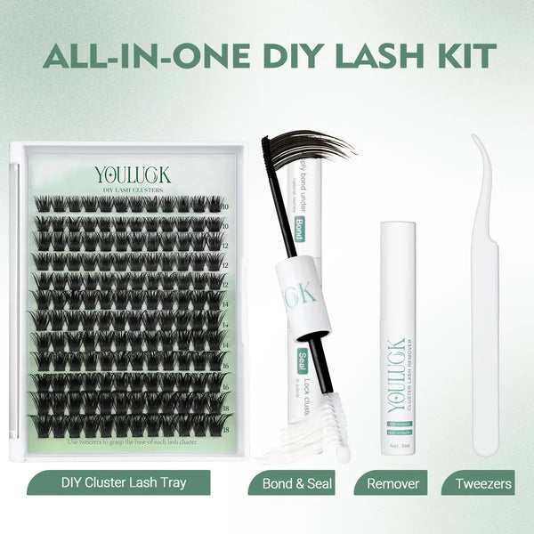 YOULUCK DIY Lash Clusters Kit - Soft Fluffy Long-Lasting Lashes with Glue Remover & Tweezer for Beginners Easy At-Home Application - Eyelash Set
