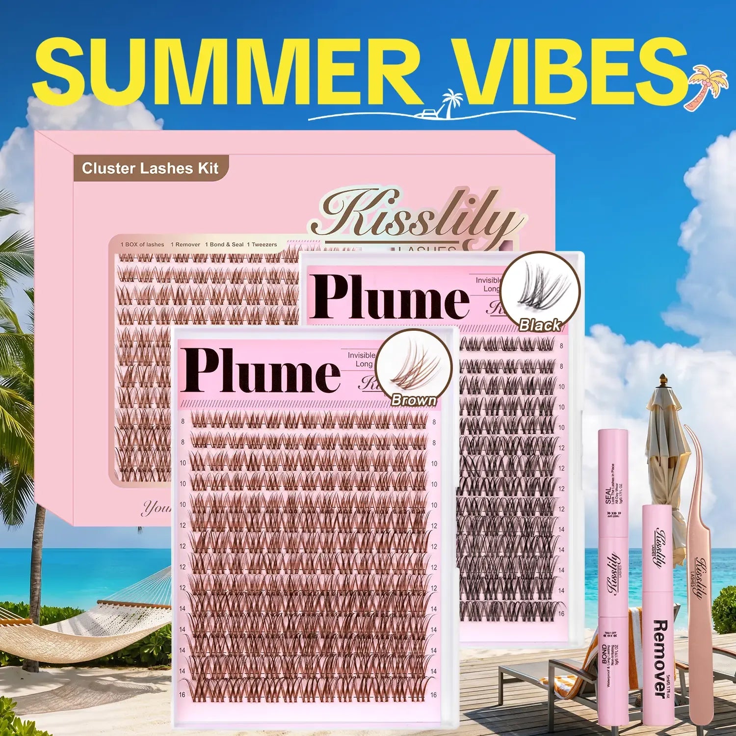Plume| Kisslily Brown Lashes Natural Lash Clusters With Invisible Band DIY Lash Extension Kit Eyelash Kit with Bond and Seal 8-16mm C Curl Beginner Friendly Individual Lashes Waterproof Long lasting Makeup For Girl Cosmetic #Summervibes summerwins