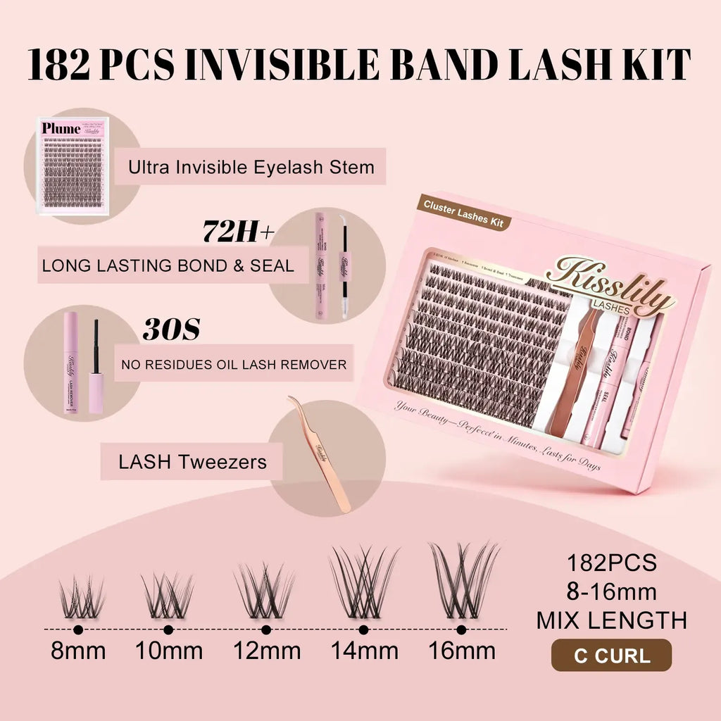 Plume| Kisslily Brown Lashes Natural Lash Clusters With Invisible Band DIY Lash Extension Kit Eyelash Kit with Bond and Seal 8-16mm C Curl Beginner Friendly Individual Lashes Waterproof Long lasting Makeup For Girl Cosmetic #Summervibes summerwins