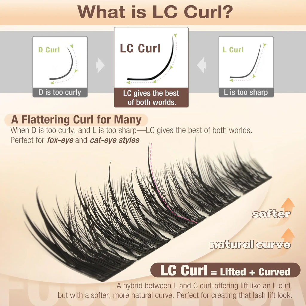 Focipeysa FoxTail Lash | LC Curl Fox Eye Lash Clusters | Ultra-Dense, Waterproof, All-Day Hold | Easy D-Curl DIY for Beginners | Get Flawless Salon Extensions at Home | Suitable for Various Makeup Styles