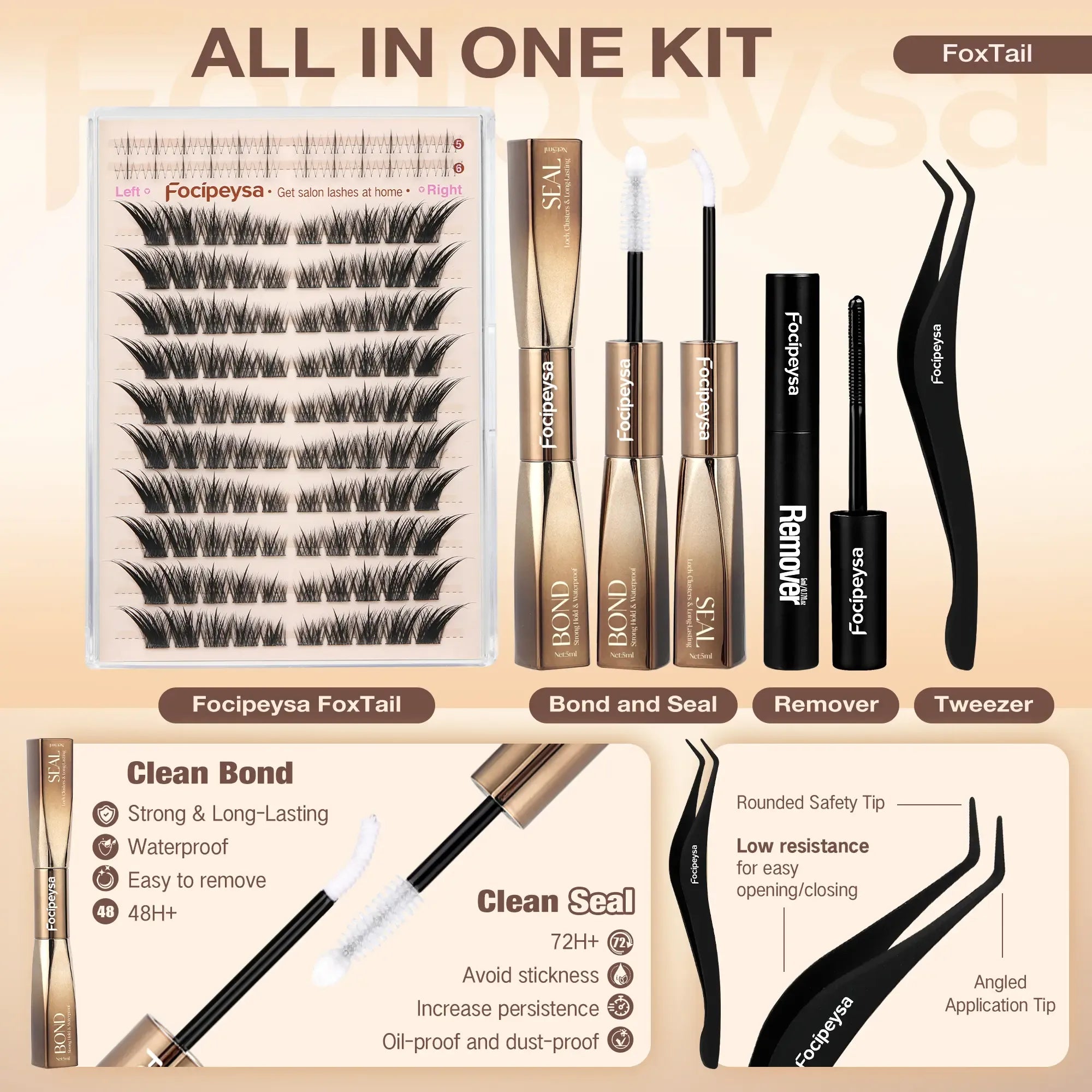 Focipeysa FoxTail Lash | LC Curl Fox Eye Lash Clusters | Ultra-Dense, Waterproof, All-Day Hold | Easy D-Curl DIY for Beginners | Get Flawless Salon Extensions at Home | Suitable for Various Makeup Styles