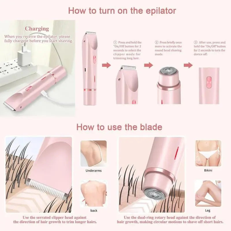 Bikini Trimmer for Women, Electric Shaver and Razor Rechargeable 2-in-1 Body and Facial Epilator, Dual Heads for Painless Trimming of Pubic Hair, Face, Underarms and Legs, Summer Gift