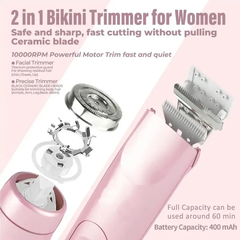Bikini Trimmer for Women, Electric Shaver and Razor Rechargeable 2-in-1 Body and Facial Epilator, Dual Heads for Painless Trimming of Pubic Hair, Face, Underarms and Legs, Summer Gift
