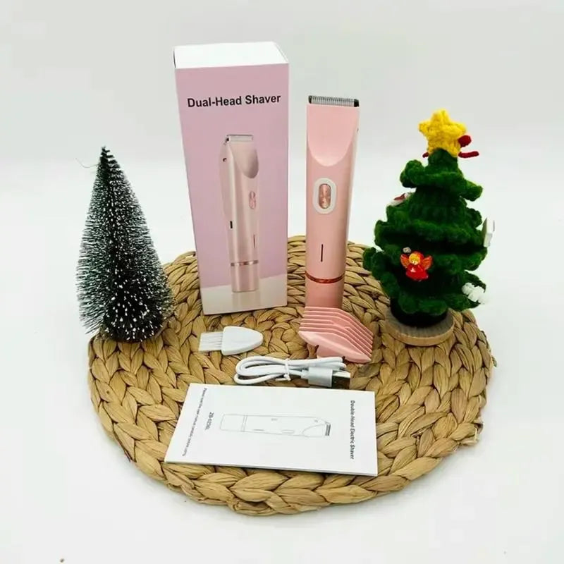 Bikini Trimmer for Women, Electric Shaver and Razor Rechargeable 2-in-1 Body and Facial Epilator, Dual Heads for Painless Trimming of Pubic Hair, Face, Underarms and Legs, Summer Gift