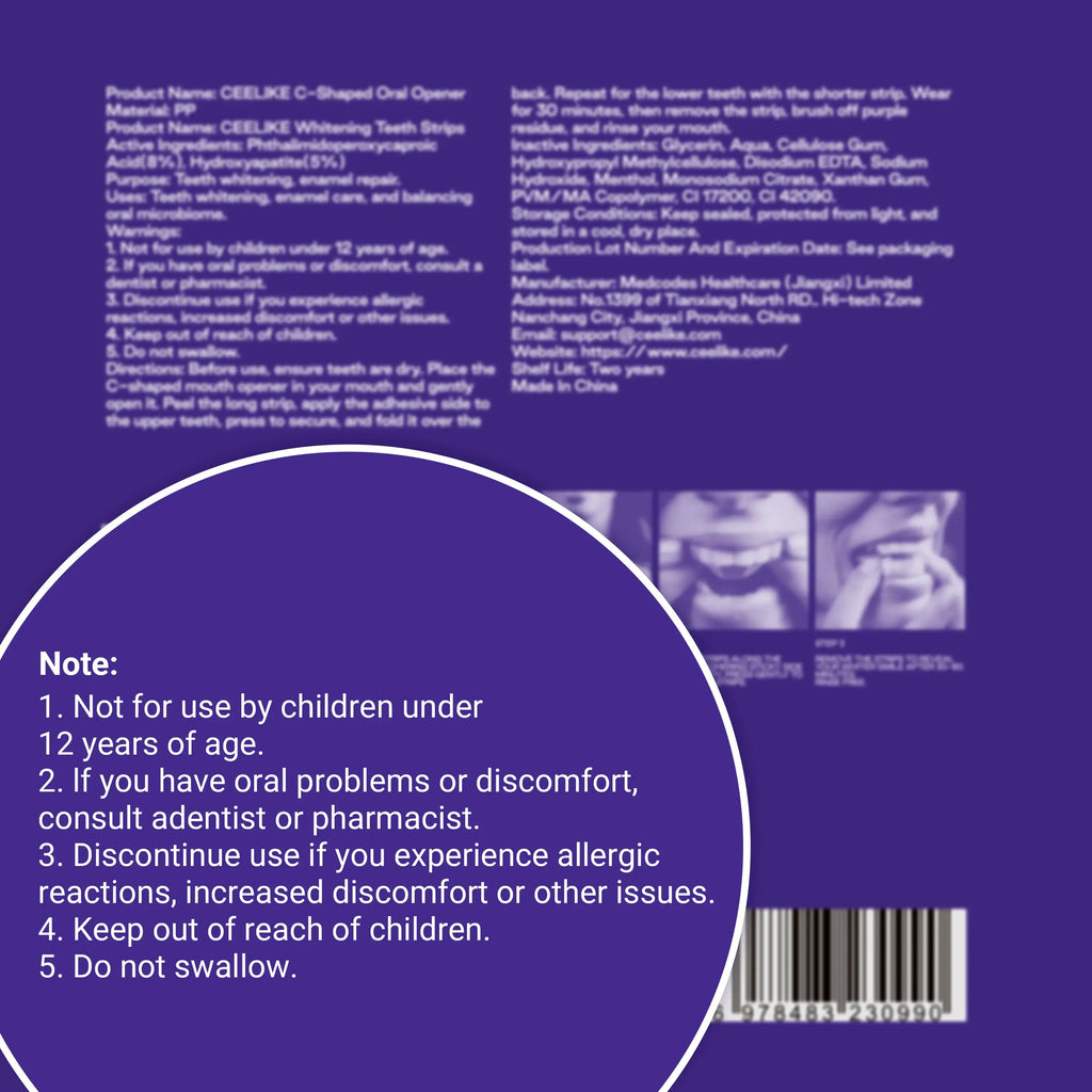 【CEELIKE】 Purple Teeth Whitening Strips  With Free Cheek Retractor - 7/21 Whitening Sessions -Nano-Hydroxyapatite Safe for Enamel - Non Sensitive Teeth Whitening - Peroxide-Free