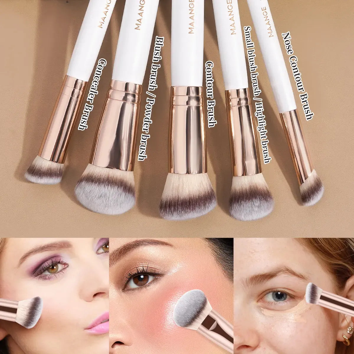 MAANGE 5pcs Professional Makeup Brush Set, Brush Combo, Includes Powder Brush, Blush Brush, Contour Brush, Makeup Blending Brush, Concealer Brush & Highlight Brush, Cosmetic Accessory for Beauty Routine, Gift for Women & Girls