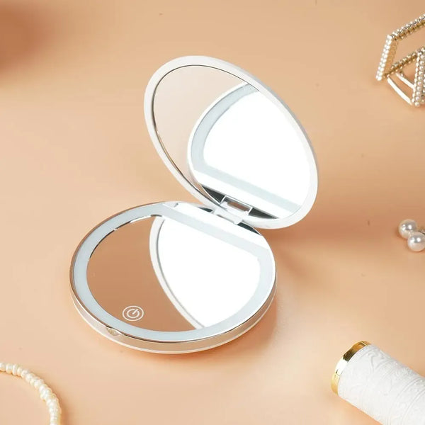 Portable Foldable Makeup Mirror, 1 Count Glam Travel Makeup Mirror with LED Light, Compact Mirror for Women, Pocket Size Makeup Tools, Travel Hand Mirror, Makeup Essentials