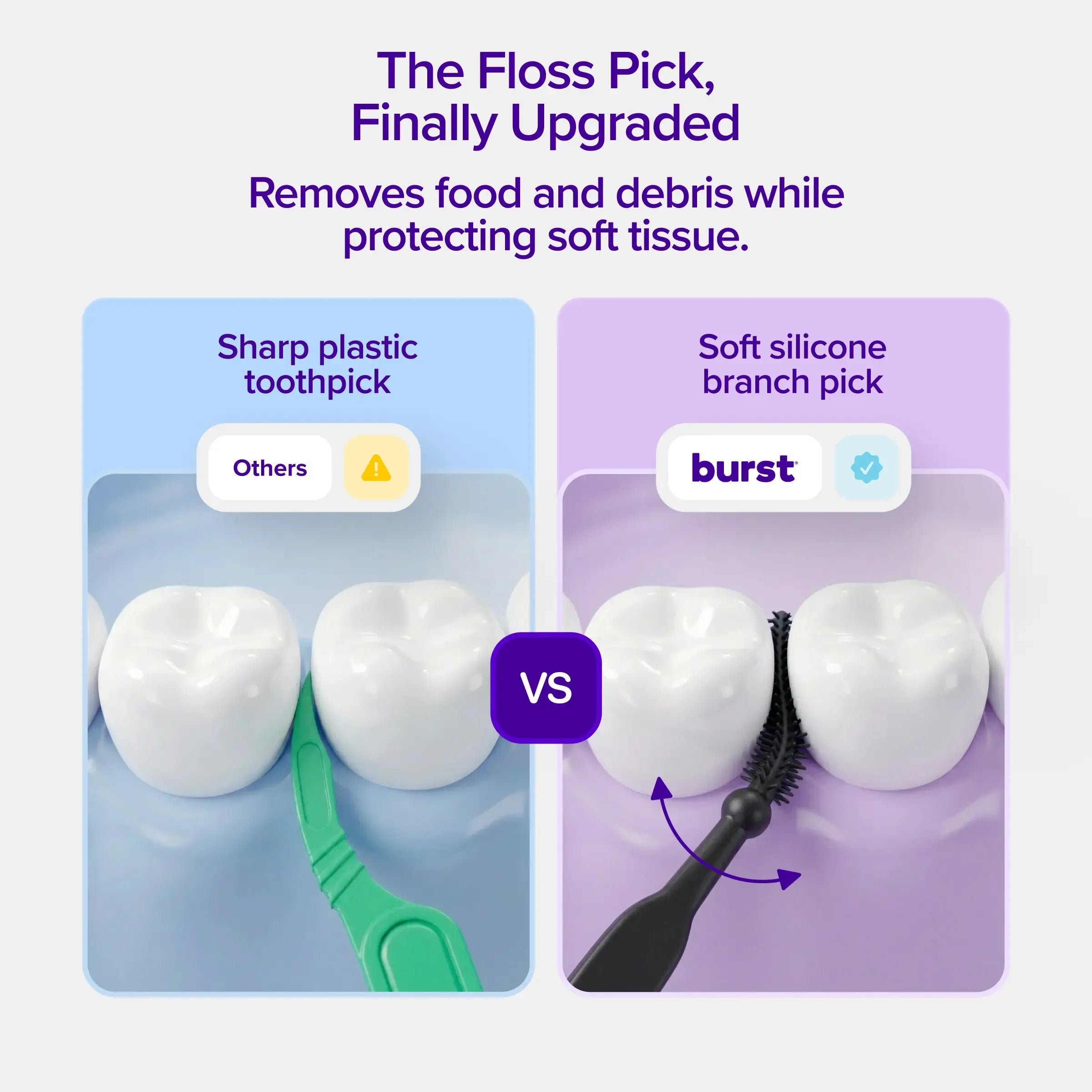 BURST Interdental Floss Picks - 2-in-1 Dual-Action Tool, Black Floss, Soft Silicone Pick for Gentle Cleaning