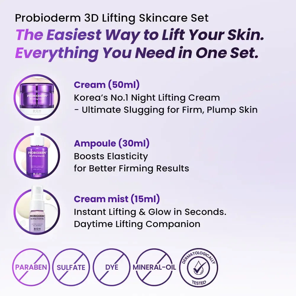 [Cardi B Pick] BIOHEAL BOH Probioderm 3D Lifting Skincare Set | Korean Night Cream, Serum & Face Mist for Lifting & Firming | Perfect Anti-Aging Routine for Dry, Dull, Saggy Skin | Mother’s Day Gift