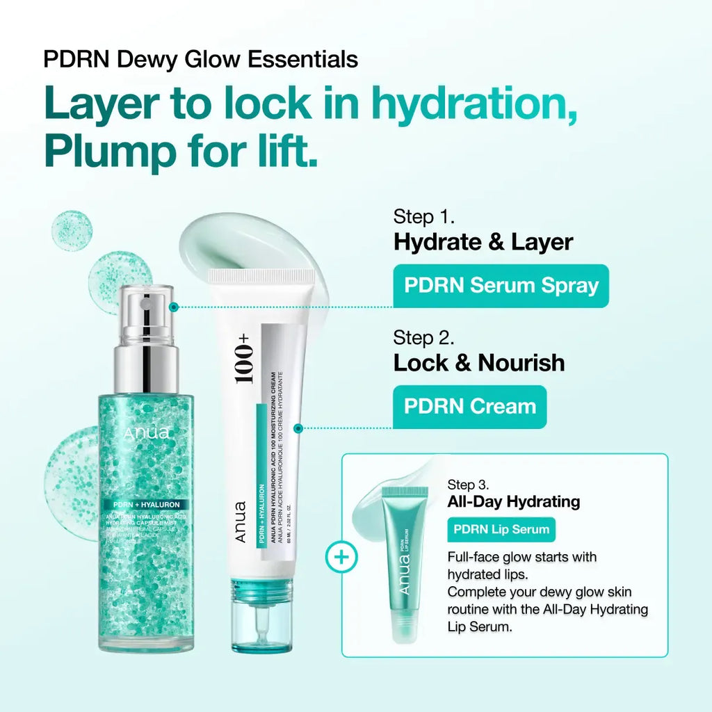 [Anua] PDRN Dewy Glow Essential Duo & Trio Set  | For Plumper and Youthful-Looking Skin, Collagen Care | PDRN Cream, PDRN Collagen Facial Serum Spray, Lip Balm for Lifting & Firming Skin Care, Rejuvenating skin, Korean Skincare